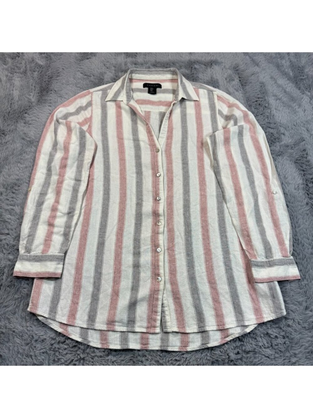 Tahari Shirt Women's M Beige Striped Linen Button-Up Roll Tab Sleeve Preppy